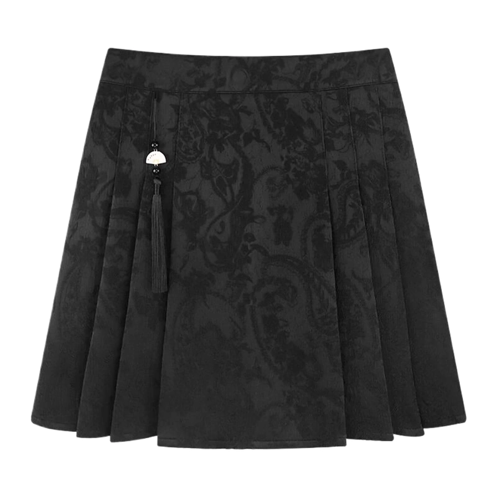 Chinese Style Half Skirt Women Summer High Waist Slim Fit Brocade Pleated Horse Face A-Line Mini Skirt Black M