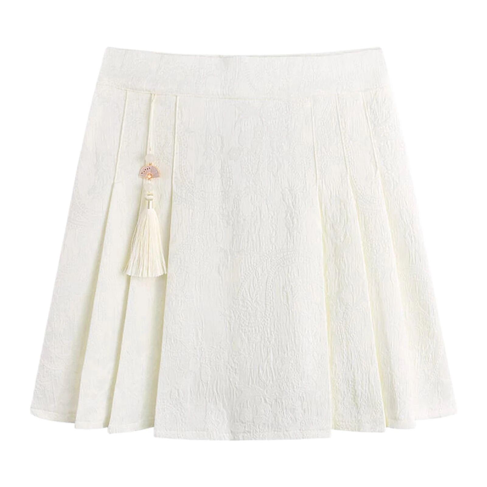 Chinese Style Half Skirt Women Summer High Waist Slim Fit Brocade Pleated Horse Face A-Line Mini Skirt Beige M