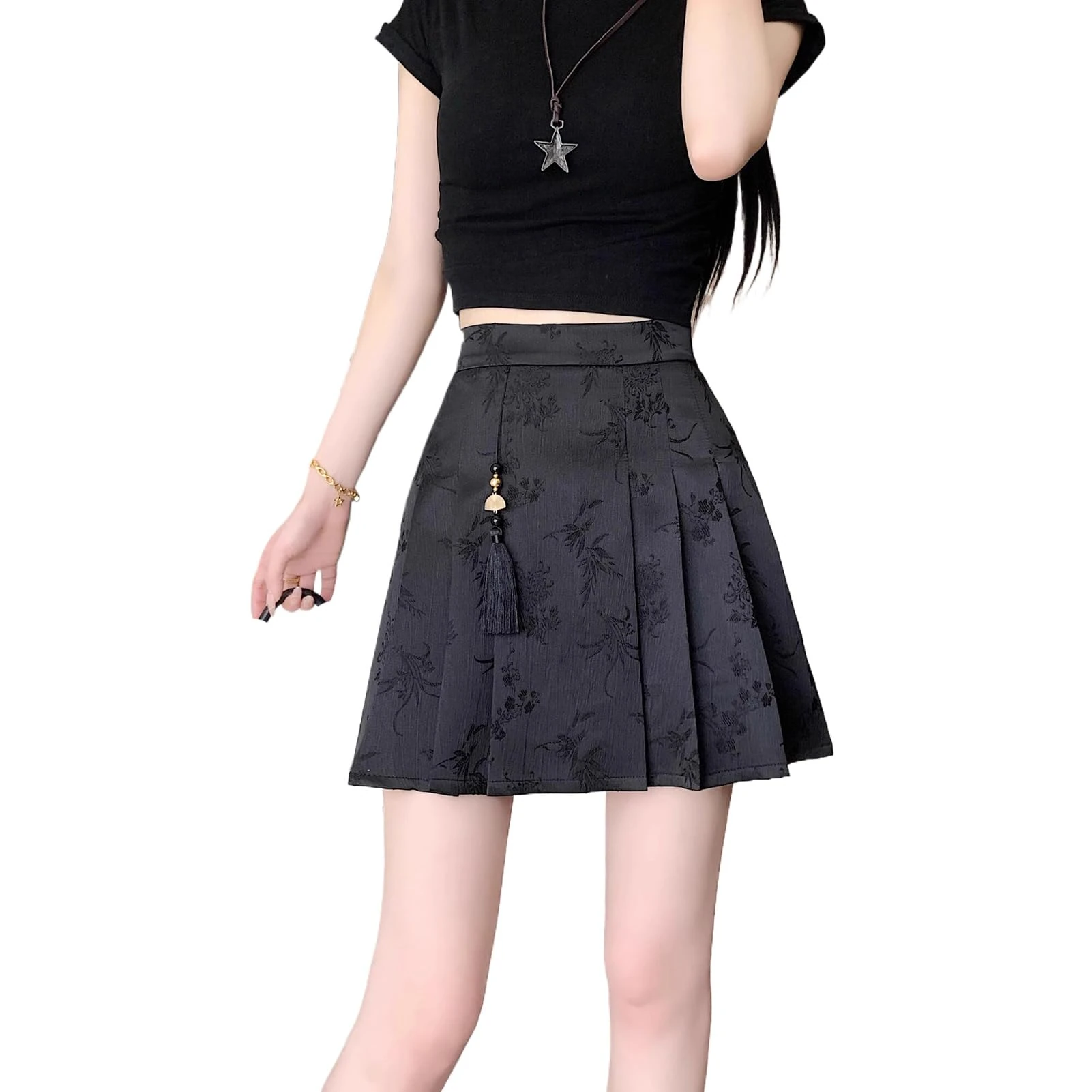 Summer Chinese Style Brocade Black Half Skirt Women Horse Face Skirt Button-Up High Waist Pleated A-Line Mini Skirt Black XS