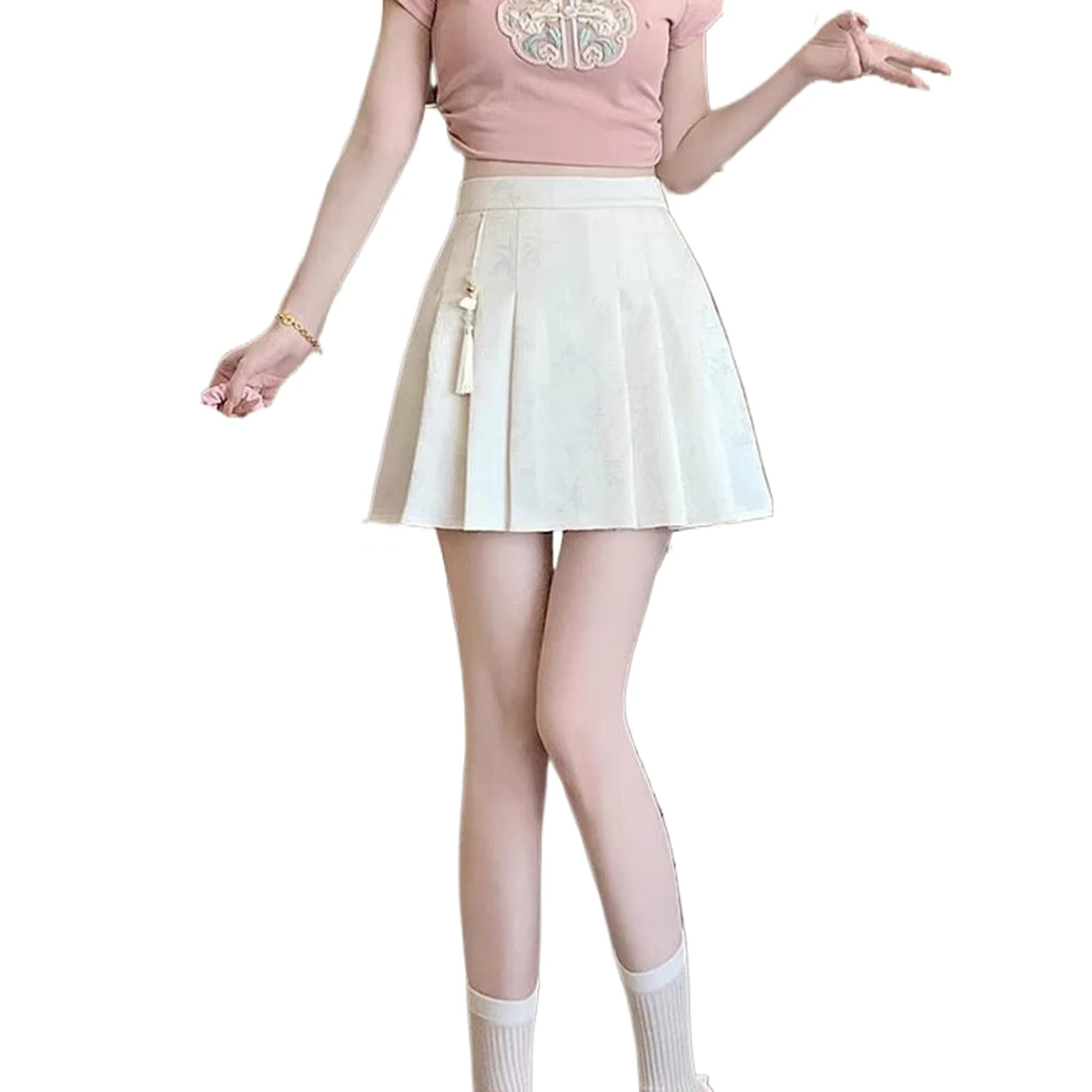 Korean Version Chinese Style Horse Face Skirt Half Skirt Women Summer High Waist Slim Fit A-Line Pleated Mini Skirt White M