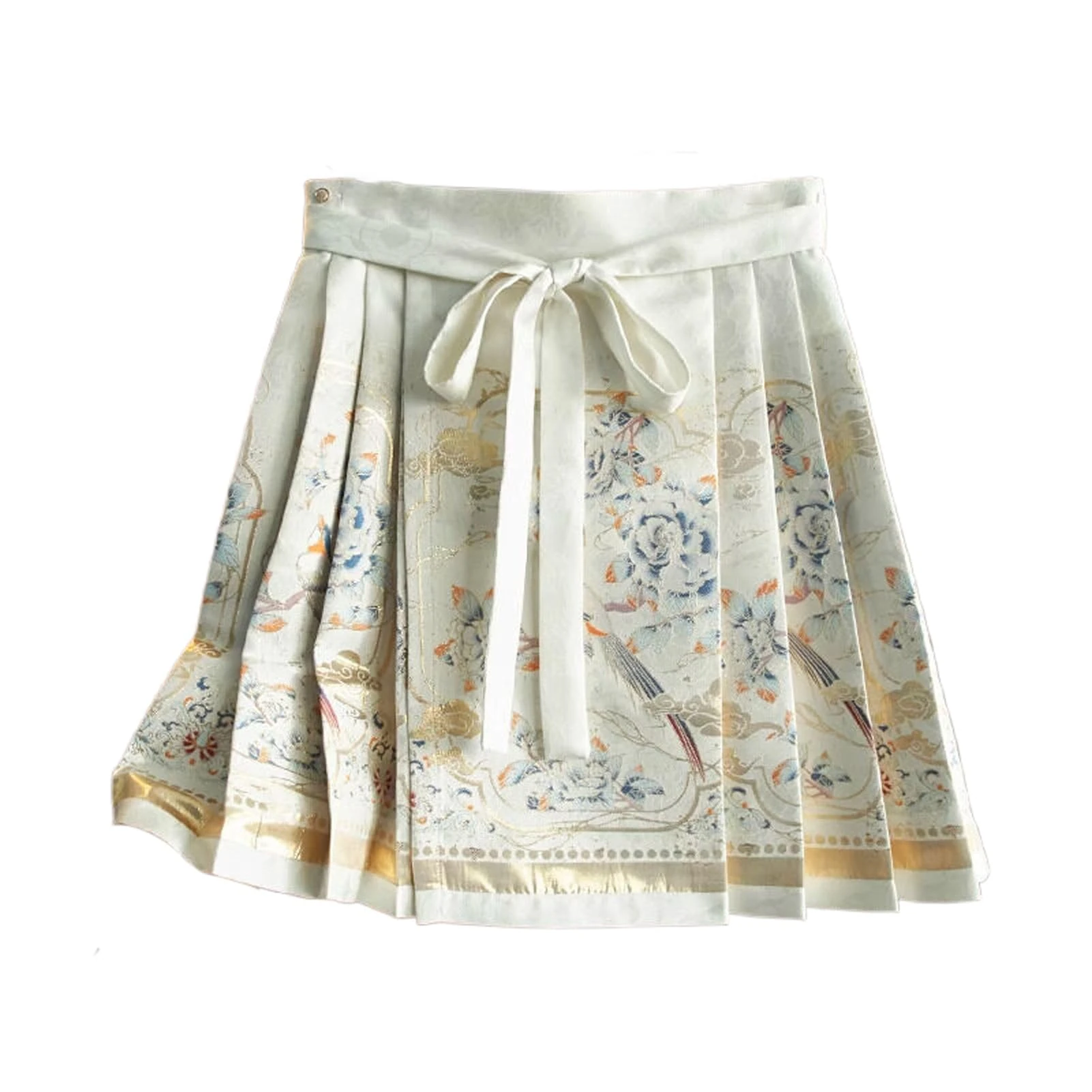 Heavy Brocade Chinese Style Horse Face Skirt Women High Waist Lace-up Pleated Mini Skirt Trendy White S