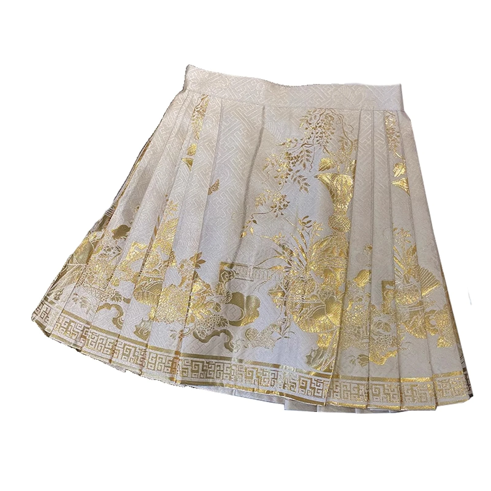Chinese Style Embroidered Mini Skirt Women Summer High Waist Pleated Petite Horse Face Skirt Beige S
