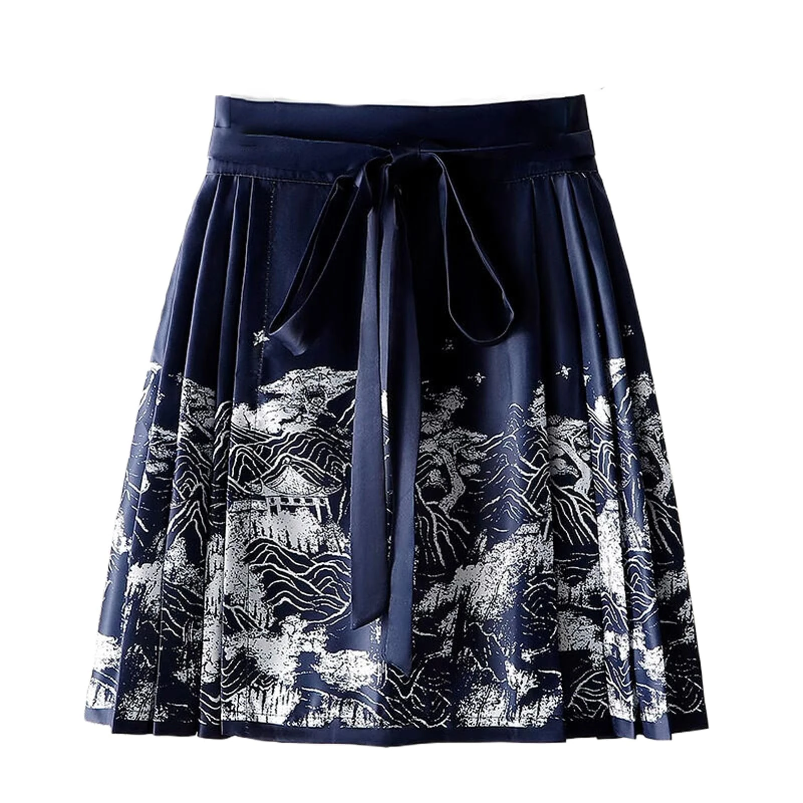 Spring Summer Mini Skirt Pleated Skirt High Waist Slim Fit Chinese Style Hanfu Short Horse Face Skirt Blue 121 XS