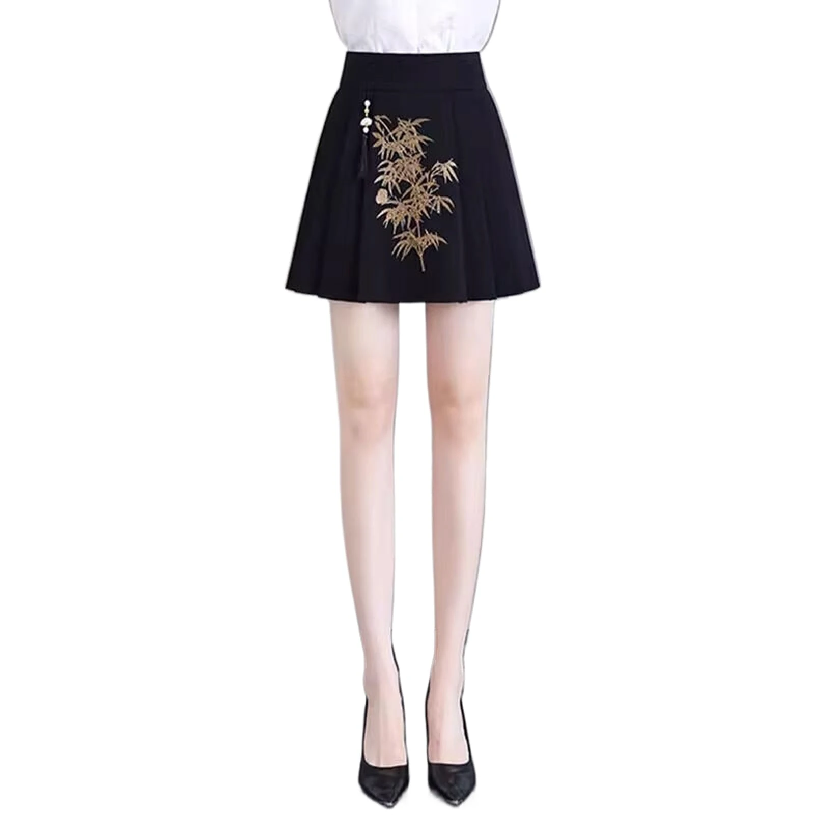 Chinese Style Embroidered Pleated Skirt Women Summer Thin A-Line Mini Skirt Short Horse Face Skirt Black S