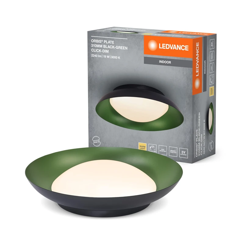 LEDVANCE Orbis Plate LED Ceiling Light, Black-Green, 19W, 1000lm, 3000K, 310 mm, 830 Warm White, 3 Levels Adjustable by Kicks, IP20 Protection, Screws and wall Plugs Included