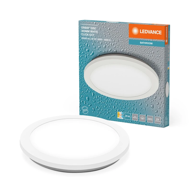 LEDVANCE ORBIS Disc Wand-/Deck Light with LED, 22W, 1800lm, 3000/4000K, Wall Switch mit Click CCT einstellbar, 30 cm Durchmesser, IP44 Schutz für Badezimmer, Schrauben/Dübel Inclusive