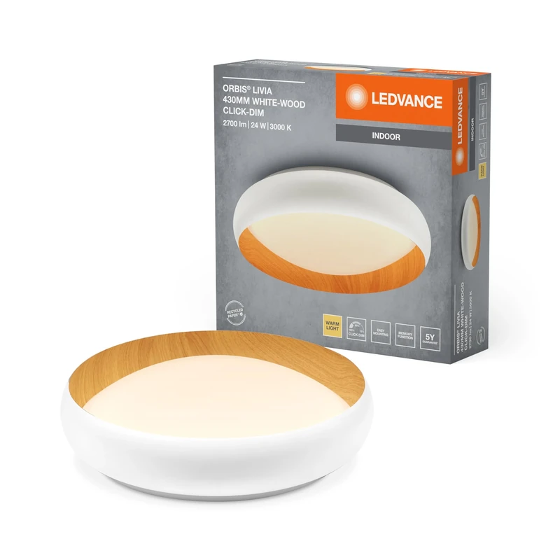 LEDVANCE ORBIS Livia LED-Deckenleuchte mit Metallring, weiß/Holzdekor, 24W, 1200lm, 3000K, 430mm, 830 freundliches Warmweiß, durch Klicken in 3-Stufen dimmbar, IP20, Schrauben/Dübel inklusive