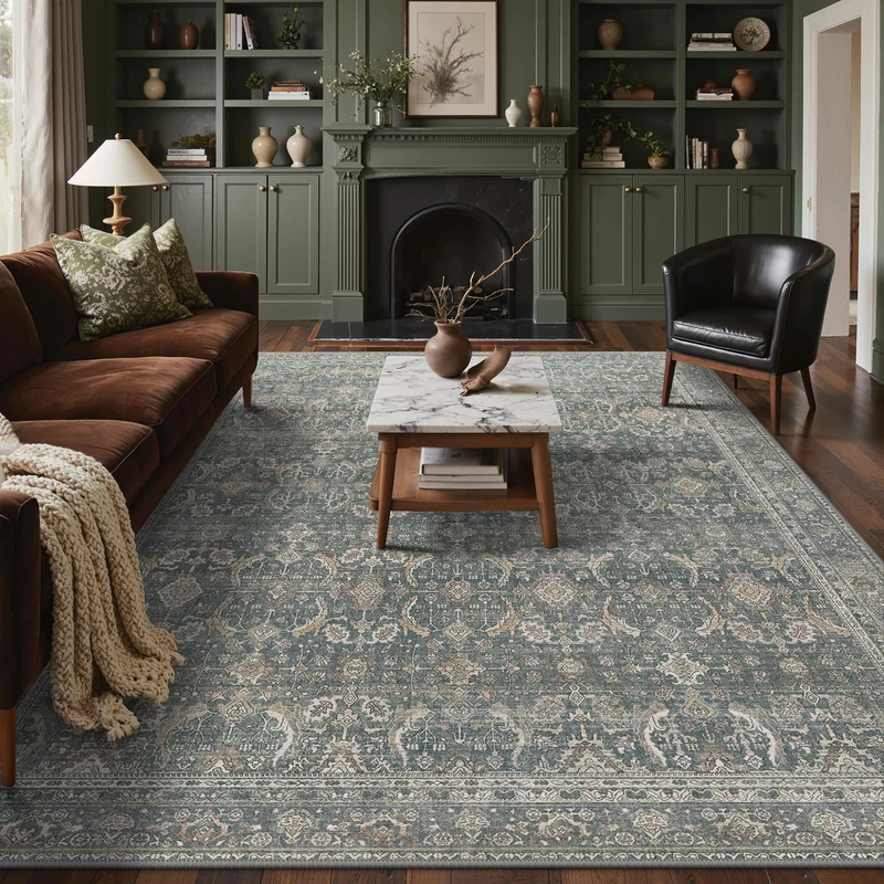 BESBLEE 8X10 Area Rugs Machine Washable Runner Rugs for Living Room Bedroom Hallway, Non Slip Indoor Soft Accent Distressed Boho Vintage Print Lightweight Thin Low Pile Carpet