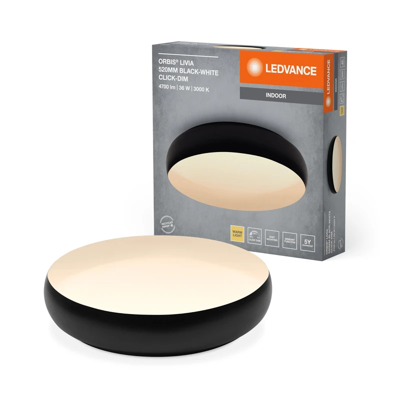 LEDVANCE ORBIS Livia LED with Metal Ring, Black and White, 36 W, 2400 lm, 3000 K, 520 mm, 830 Warm White, 3 Clickable Levels, IP20, Mounting Screws and Plugs Included