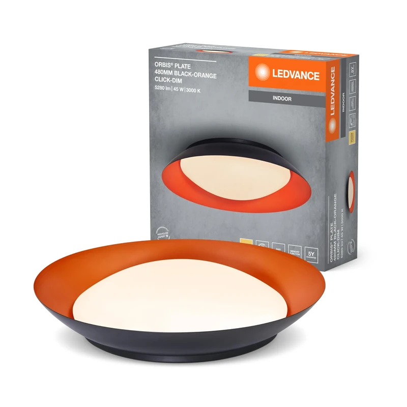 LEDVANCE Orbis LED Plate, Deckenleuchte, Schwarz-Orange, 45W, 2200lm, 3000K, 480mm, 830 Freundliches Warmweiß, durch Kicken in 3-Stufen dimmbar, IP20 Schutz, Montageschrauben und Dübel inklusive