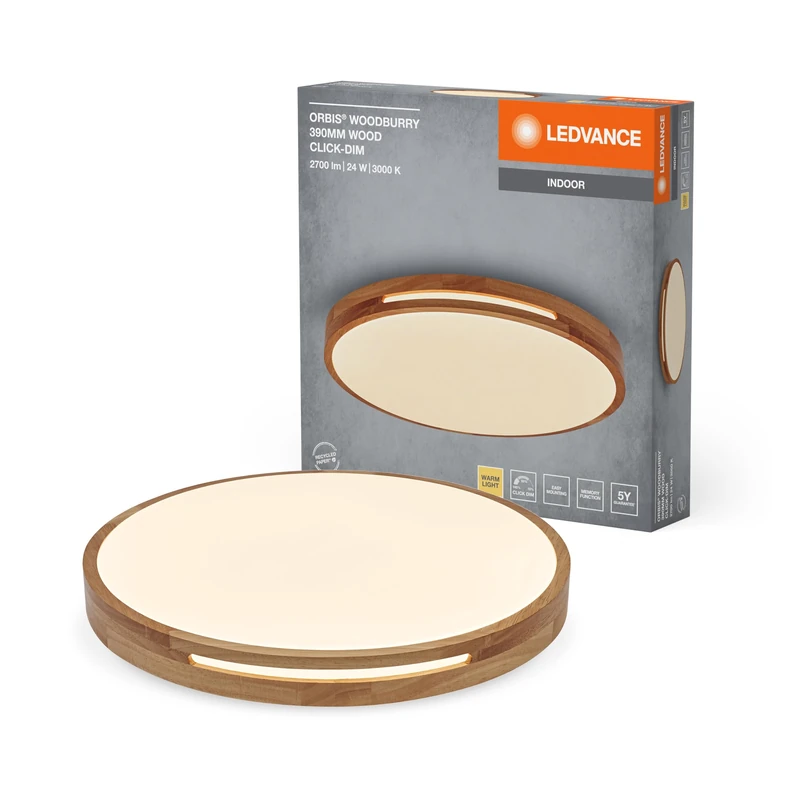 LEDVANCE ORBIS Woodburry LED-Wand-/Deckenleuchte mit Holzdekor, 24W, 1500lm, 3000K, 390 mm Durchmesser, 830 Freundliches Warmweiß, IP20 Schutz, Montageschrauben und Dübel inklusive - Image 1