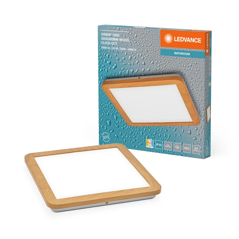LEDVANCE ORBIS Disc Wall Light with LED, Wood Decoration, 22W, 1800lm, 3000/4000K, Dimmable by Wall Switch with Click CCT, 30 x 30 cm, IP44 for Bathrooms, Screws/Plugs Included