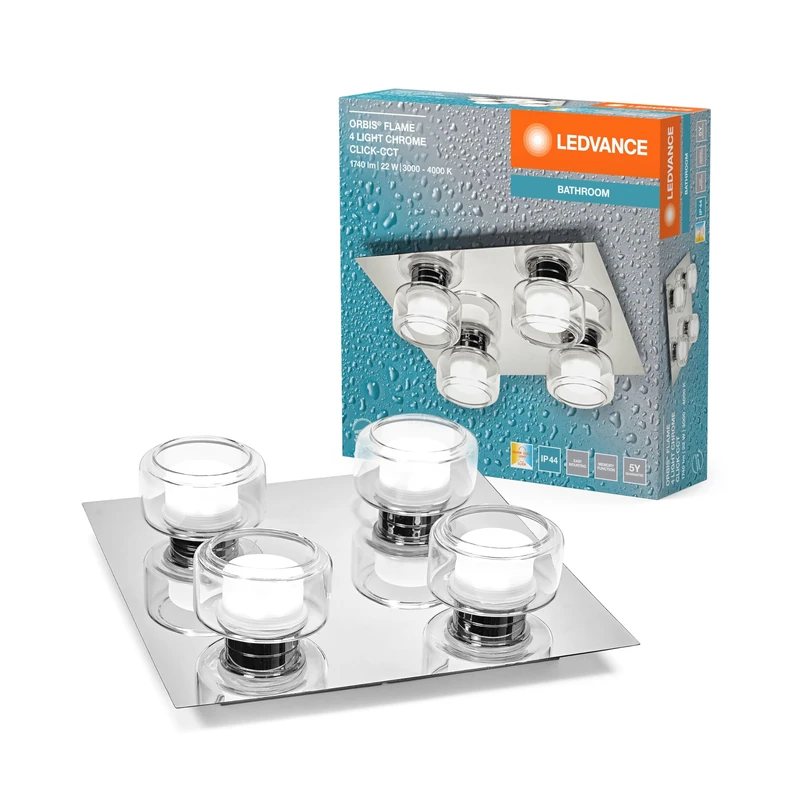 LEDVANCE ORBIS Flame Wall and Deckenleuchte mit LED, Chrom, 22W, 1400lm, 3000/4000K, Farbtemperatur via Wandschalter einstellbar (kaltweiß und warmweiß), IP44 Schutz VOR Fremdkörpern und Spritzwasser