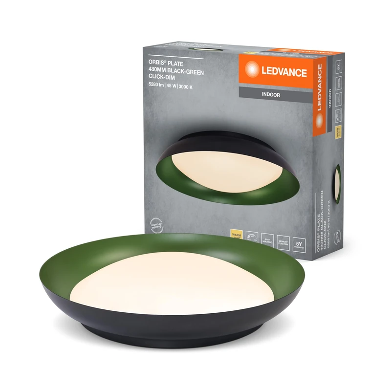 LEDVANCE Orbis LED Plate, Deckenleuchte, Schwarz-Grün, 45W, 2200lm, 3000K, 480mm, 830 Freundliches Warmweiß, durch Kicken in 3-Stufen dimmbar, IP20 Schutz, Montageschrauben und Dübel inklusive