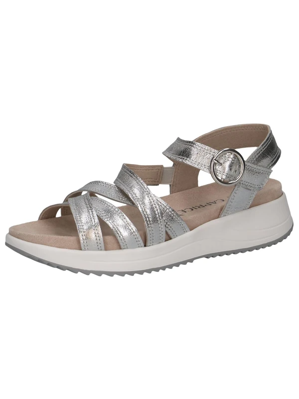 CAPRICE Women Sandals Flat Leather Casual, Silver (Silver Metal.), 6 UK
