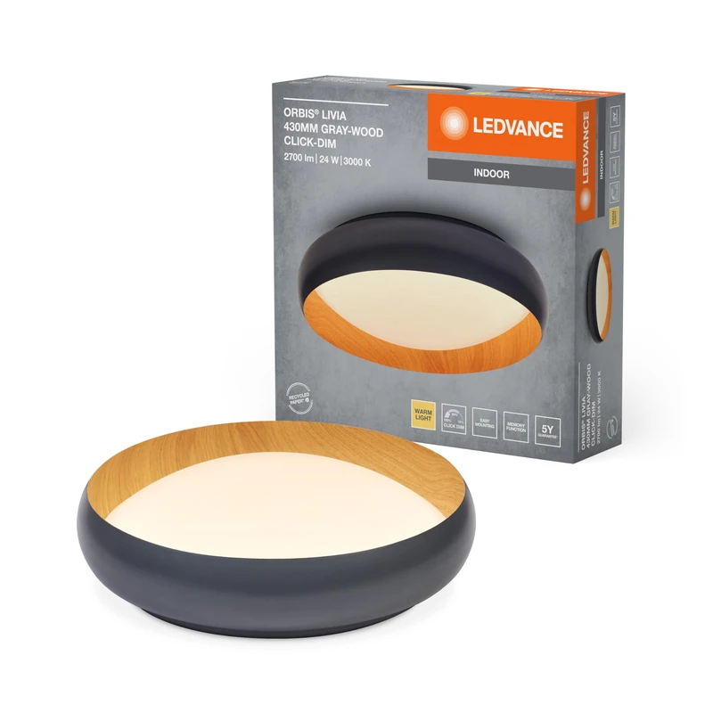 LEDVANCE ORBIS Livia LED-Deckenleuchte mit Metallring, grau/Holzdekor, 24W, 1200lm, 3000K, 430mm, 830 freundliches Warmweiß, durch Klicken in 3-Stufen dimmbar, IP20, Schrauben/Dübel inklusive