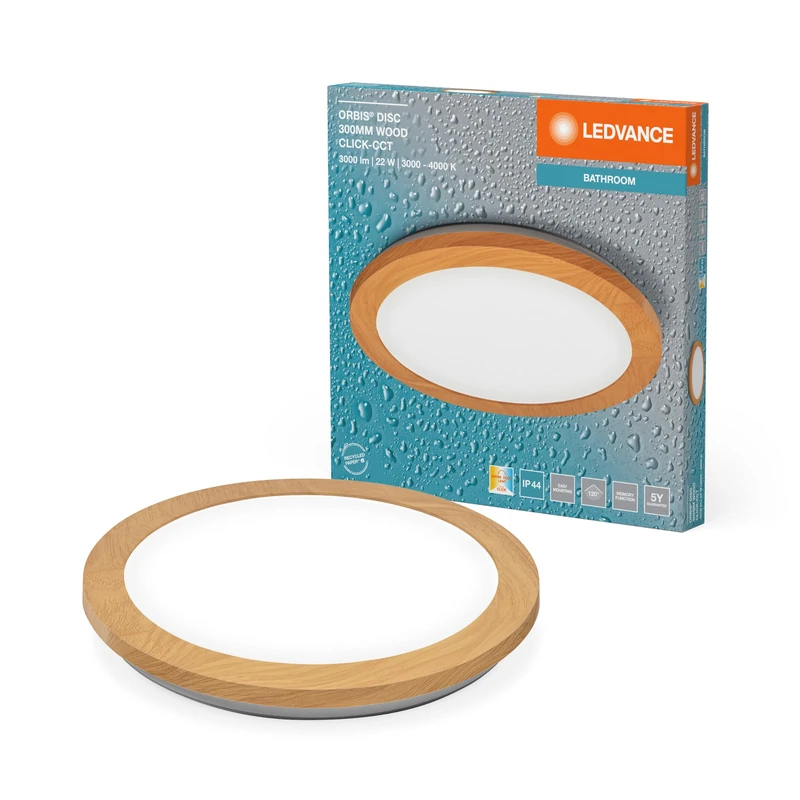 LEDVANCE ORBIS Disc Wall Light with LED, Wood Decoration, 22W, 1800lm, 3000/4000K, Swivelling by Wall Switch with Click CCT, 30 cm Diameter, IP44 for Bathrooms, Screws/Plugs Included