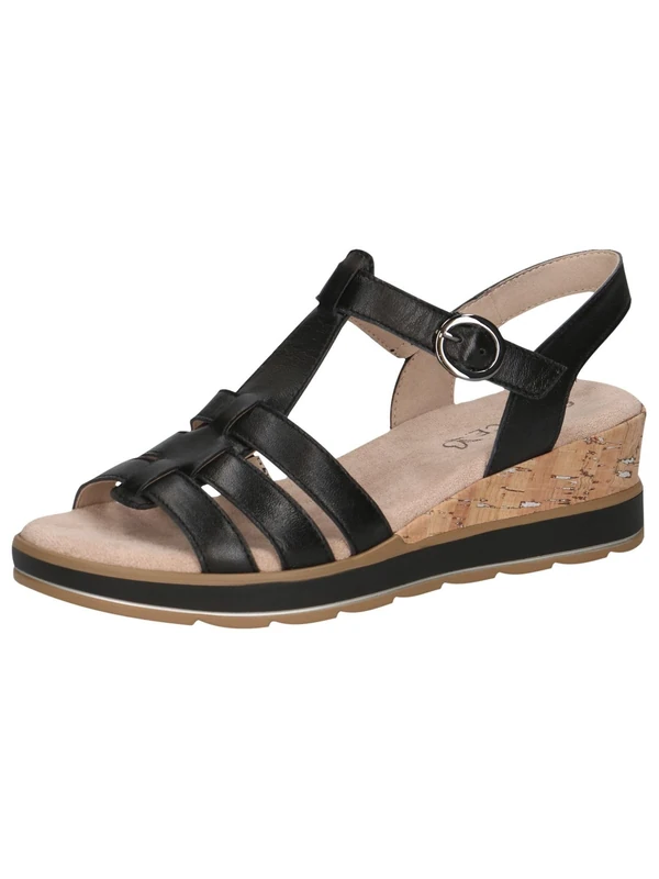 CAPRICE Women Sandals Wedge Heel Leather with Hook-and-Loop Closure, Black (Black Nappa), 4 UK