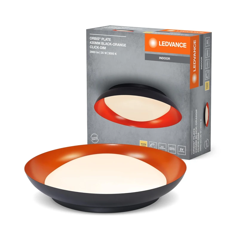 LEDVANCE Orbis LED Plate, Deckenleuchte, Schwarz-Orange, 35W, 1700lm, 3000K, 430mm, 830 Freundliches Warmweiß, durch Kicken in 3-Stufen dimmbar, IP20 Schutz, Montageschrauben und Dübel inklusive