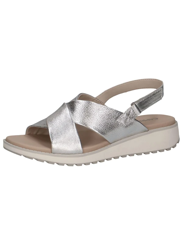 CAPRICE Women Sandals Flat Leather with Hook-and-Loop Closure, Silver (Silver Metal.), 4 UK