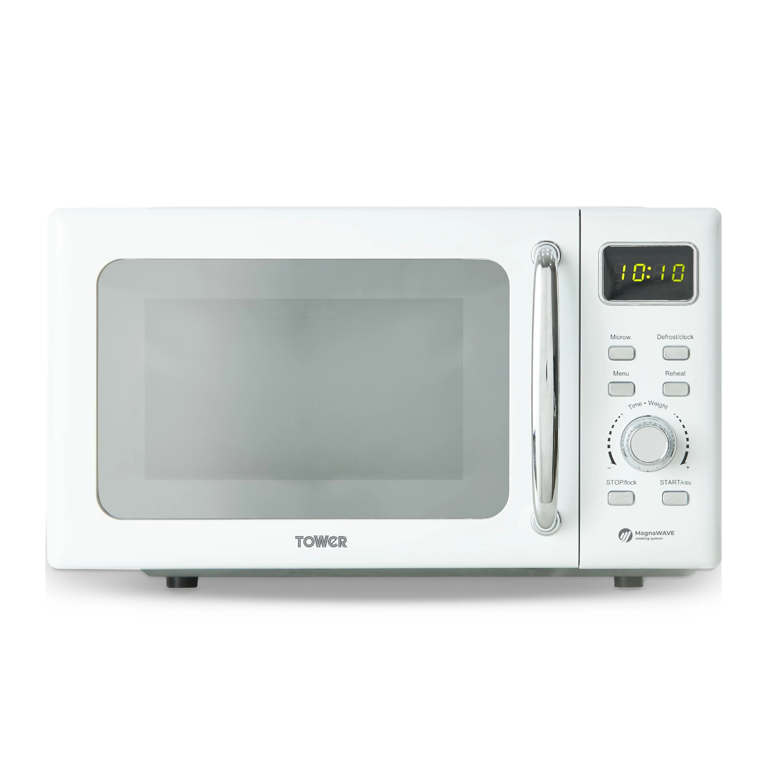 Tower T24041WHT Digital Microwave with Sleek Mirror Door, 800W, 20L, White & Chrome