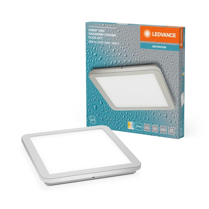 LEDVANCE ORBIS Disc Wall Light with LED, Chrome, 22W, 1800lm, 3000/4000K, Swivelling via Wall Switch with Click CCT, 30 x 30 cm, IP44 for Bathrooms, Screws and Fixing Plugs Included