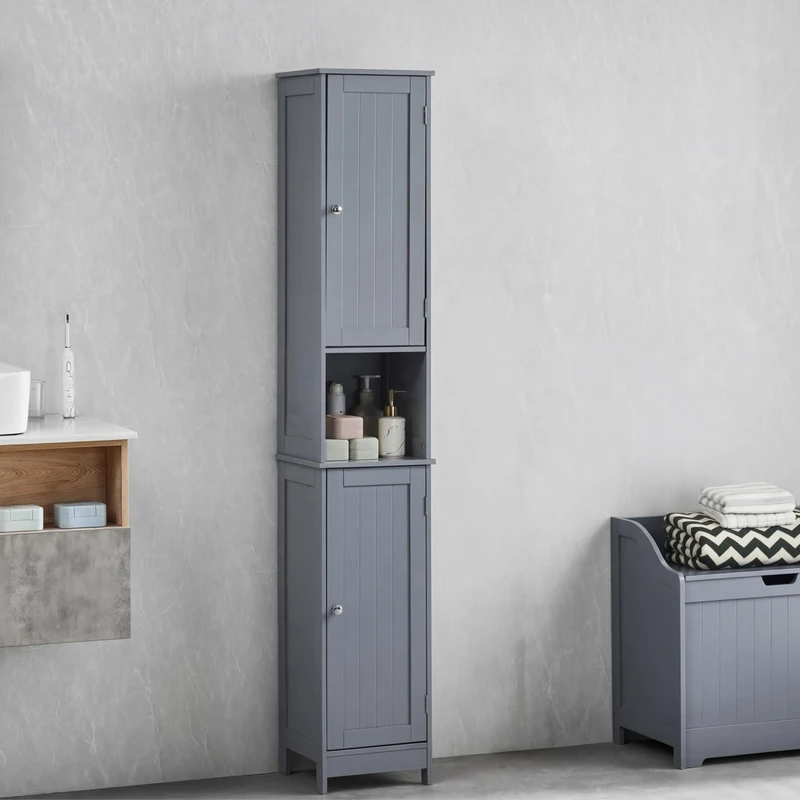 Bath Vida Priano 2 Door Bathroom Floor Cabinet | Grey | Space-Saving Storage | 170H X 30W X 30D cm | Tall | Freestanding | Modern Wooden Storage Unit |
