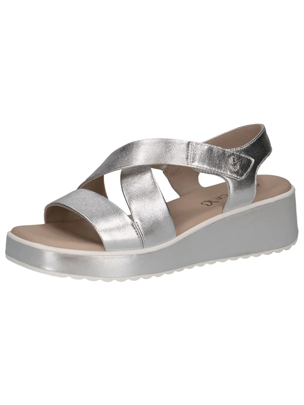 CAPRICE Women Sandals Wedge Heel Leather Wedges, Silver (Silver Metal.), 4 UK