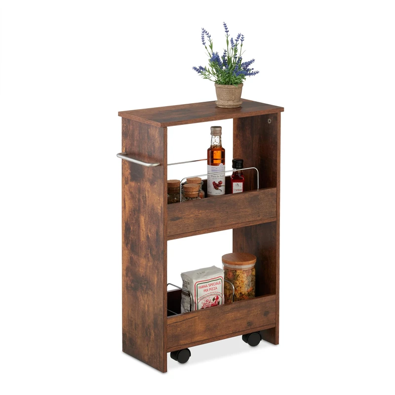Relaxdays Niche Trolley, 3 Shelves, Narrow Kitchen & Bathroom Cart, HWD: 66.5 x 42 x 20 cm, Mobile Shelf, Castors, Brown, Fibreboard
