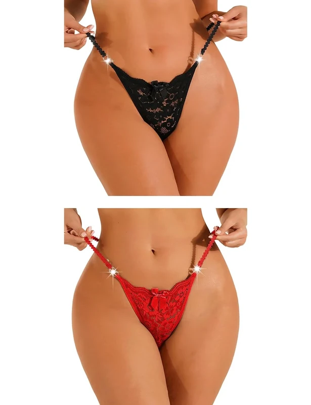 FULLJOYLOVE Lace Thongs for Women Plus Size Naughty Tangas Knickers Waist Belt Drill Ladies Lace Underwear Sexy Stretchy Hollow Panties Briefs Black Red 2 Pack