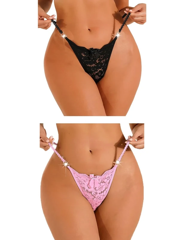 FULLJOYLOVE Women's Sexy Lace Mesh Hollow Panties Waist Belt Drill Seamless Knickers Ladies Stretchy Low Rise Bikini Briefs Hipster Lace Underwear for Female Black Pink 2 Pack