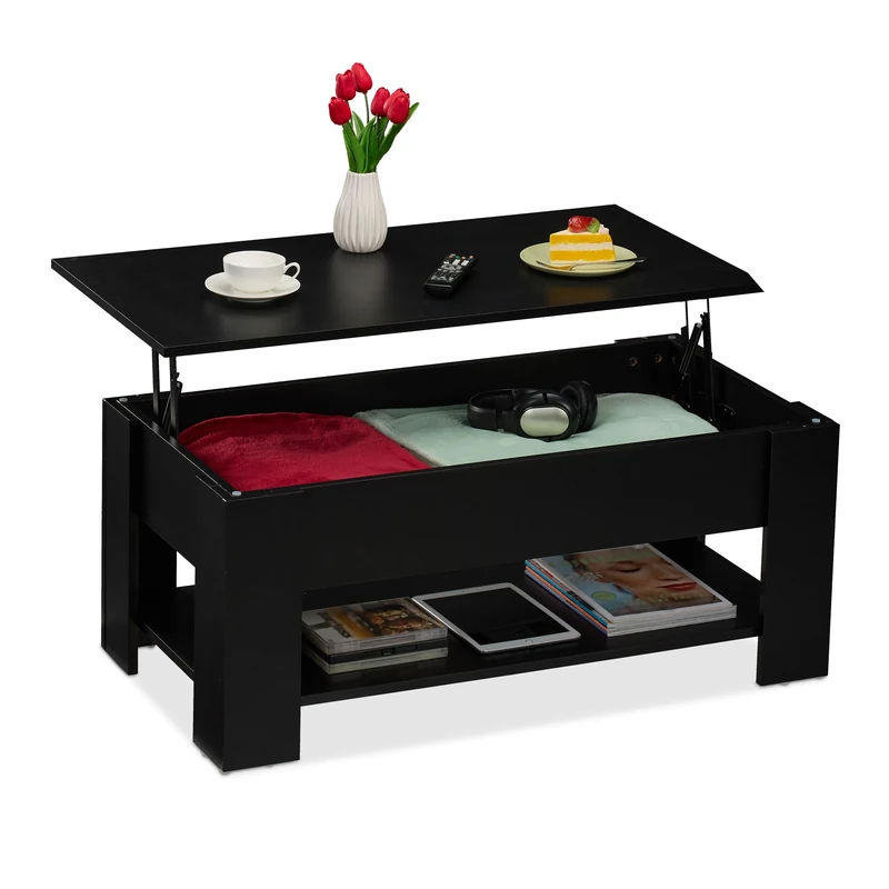 Relaxdays Coffee Table, Lift Function, HWD: 42 x 98 x 50 cm, Living Room Desk with Storage Space, Modern, Shelf, Black, Fibreboard