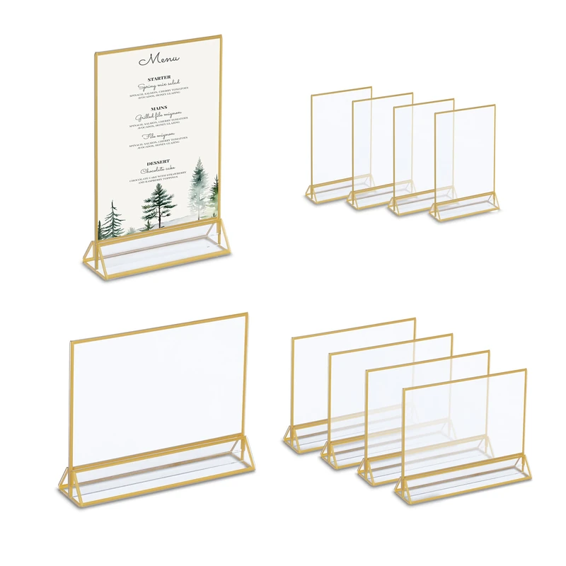 Relaxdays Table Stand, Set of 10, DIN A5 Portrait & Landscape Format, for Menu and Photos, Card Holder, Transparent/Gold