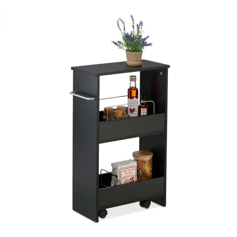 Relaxdays Niche Trolley, 3 Shelves, Narrow Kitchen & Bathroom Cart, HWD: 66.5 x 42 x 20 cm, Mobile Shelf, Castors, Black, Fibreboard