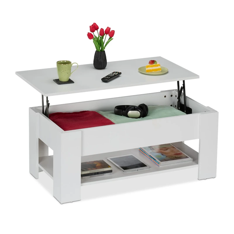 Relaxdays Coffee Table, Lift Function, HWD: 42 x 98 x 50 cm, Living Room Desk with Storage Space, Modern, Shelf, White, Fibreboard