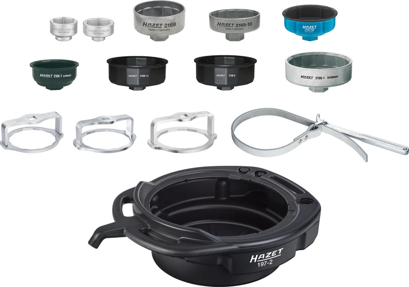 Hazet Oil Filter Wrench Set 2169/14, 12 Oil Filter Keys for Almost All Vehicle Types, Includes Universal Band Wrench and 16 L Multi-Purpose Tray, Suitable for Alfa Romeo, Audi, BMW and Much More