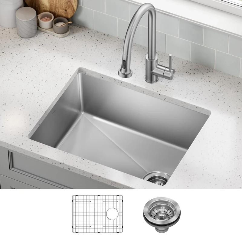 KRAUS KHU641-25 Fairlane Stainless Steel Kitchen Sink with a Thickness of Approx. 1.2 mm, Single Chamber, 63.5 cm