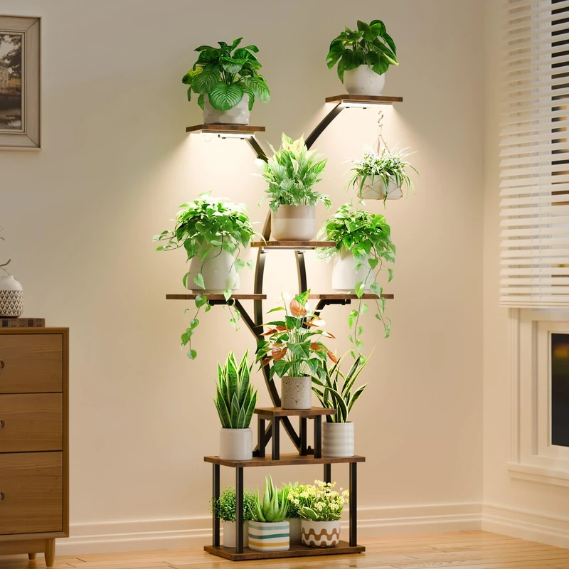 MJOMKN 7 Tiered Plant Stand Indoor with Grow Lights,63" Meta Indoor Plant Shelf, Tall Plant Display Rack for Indoor Plants, Large Plant Flower Holder Stand for Living room, Patio，Bedroom