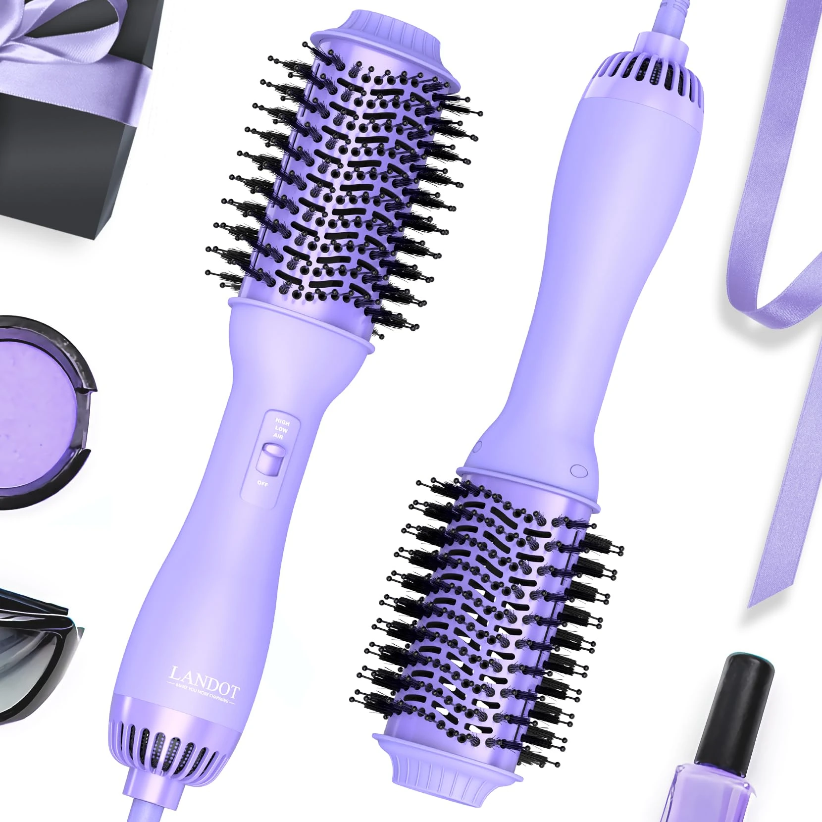 LANDOT One Step Hair Dryer Brush, Ionic Ceramic Hot Air Brush & Volumizer for Less Frizz & Shine, 4-in-1 Oval Blow Dry Brush, Adjustable Heat, 220V UK Plug - Purple