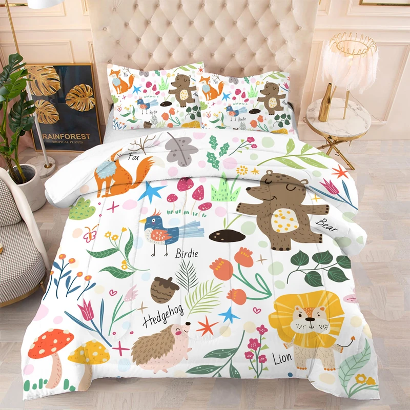 EDGZKO Comforter Set Cartoon Animals: Twin Size Cute Bedding Set for Kids Teen Girls Toddler Boys Kawaii Fox Bear Lion Flowers Soft Quilt Duvet Bed Sets 1 Comforter & 1 Pillow Case