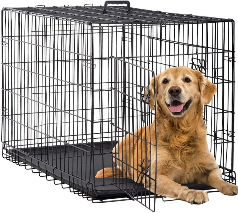 Folding Dog Cage with 2 Doors, Removable Tray, 122 x 75 x 81 cm, Dog Carrier, Rabbit, Puppy and Pets, Metal, Black
