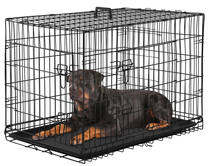 Folding Dog Cage with 2 Doors, Removable Tray, 107 x 70 x 76 cm, Dog Transport Cage, Rabbit, Puppy and Pets, Metal, Black