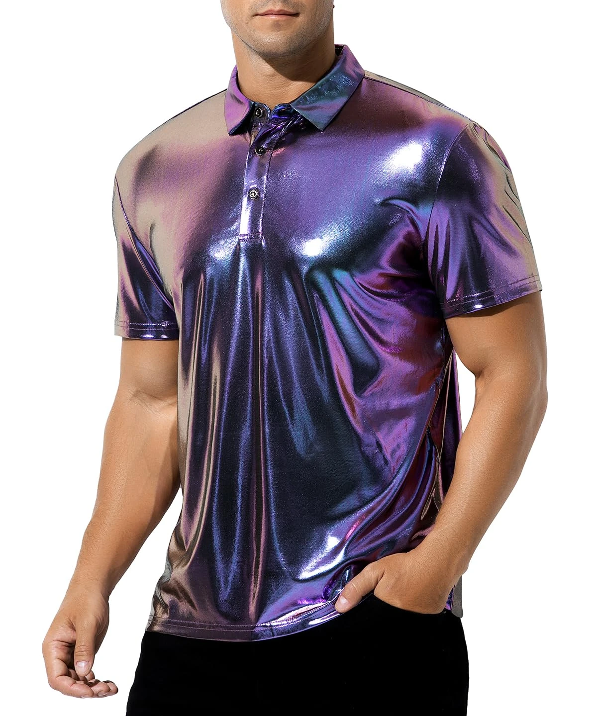 Casey Kevin Men's Short Sleeve Collared Shiny Metallic Shirts Nightclub Button Down Shirt Reflective Rave Outfit Holographic Disco Top,Purple,Medium