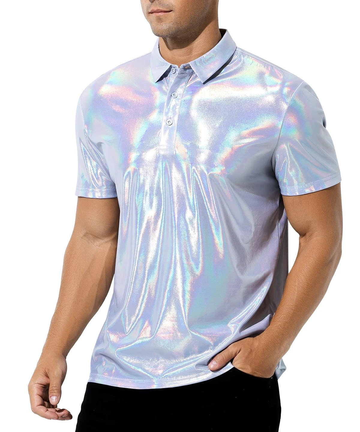 Casey Kevin Men's Short Sleeve Collared Shiny Metallic Shirts Nightclub Button Down Shirt Reflective Rave Outfit Holographic Disco Top,White,Large