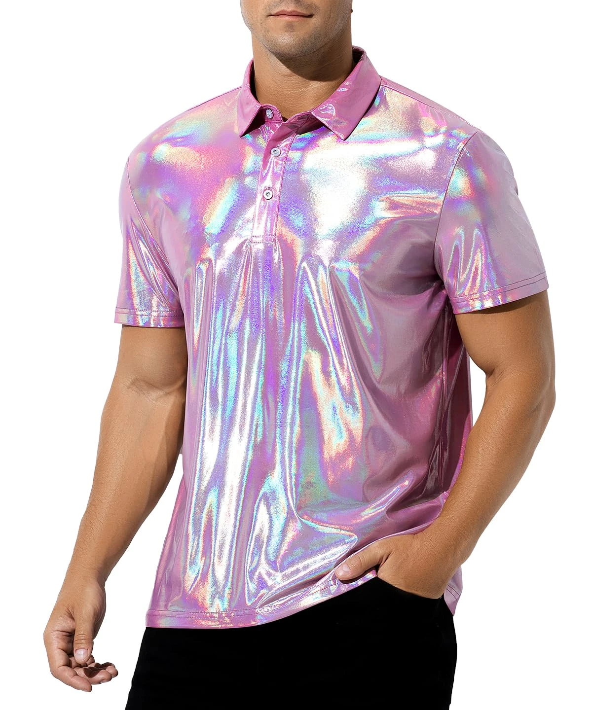 Casey Kevin Men's Short Sleeve Collared Shiny Metallic Shirts Nightclub Button Down Shirt Reflective Rave Outfit Holographic Disco Top,Pink,Small