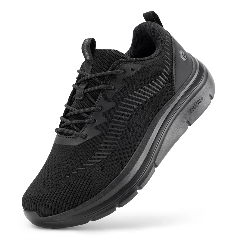 FitVille Mens Wide Fit Running Walking Shoes, Lightweight Non-Slip Trainers, Casual Outdoor Sneakers for Outdoor Trekking Camping Climbing, Jet Black, 11.5 UK X-Wide