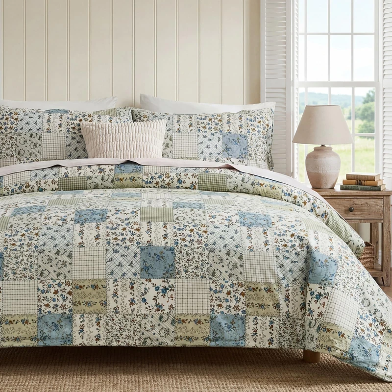Cozaline Blue Floral Duvet Cover Set King Size 100% Cotton Botanical Patchwork Vintage Bedding Quilt Cover All Season 3 Pieces Soft Lightweight Comforter Cover