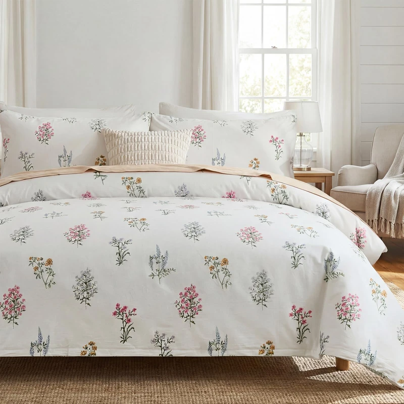 Cozaline 100% Washed Cotton Duvet Cover King Size - Linen Like Reversible Durable Soft Floral Duvet Cover Sets, 3 Pieces White Comforter Cover with Zipper Closure