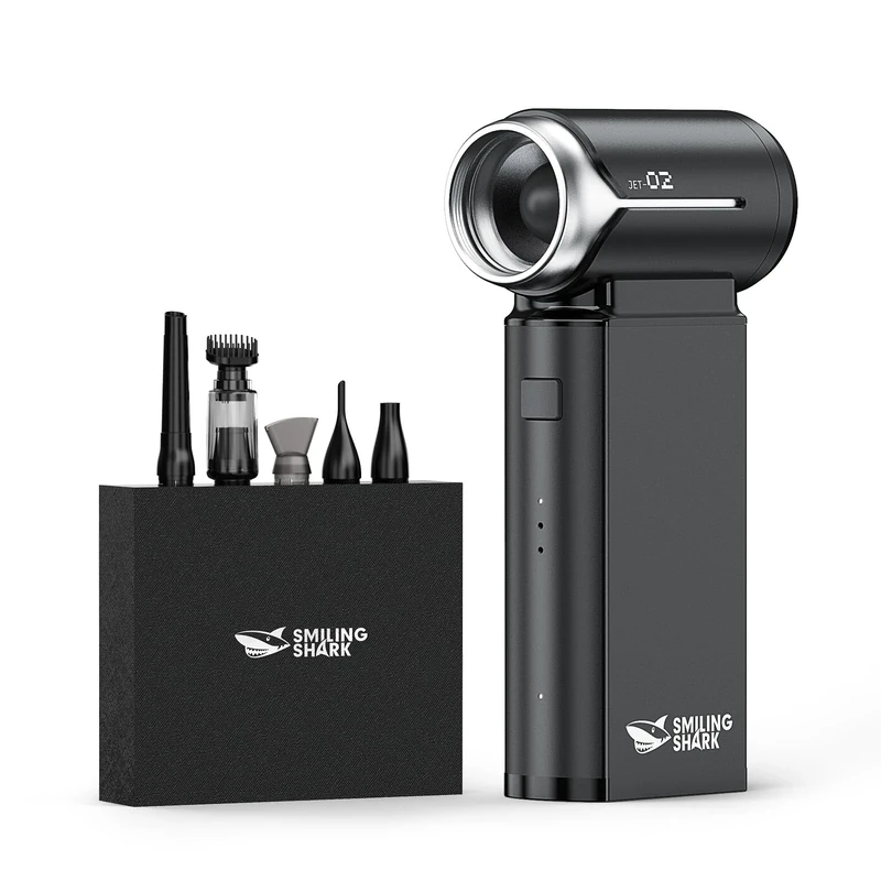 Smiling Shark Compressed Air Duster, J02 Super Power 150000RPM Aluminum Electric Air Duster with Mini Vacuum Cleaner, 2 Modes (Normal&Storm) Adjustable Dust Blower for PC/Outdoor/House/Car, Black