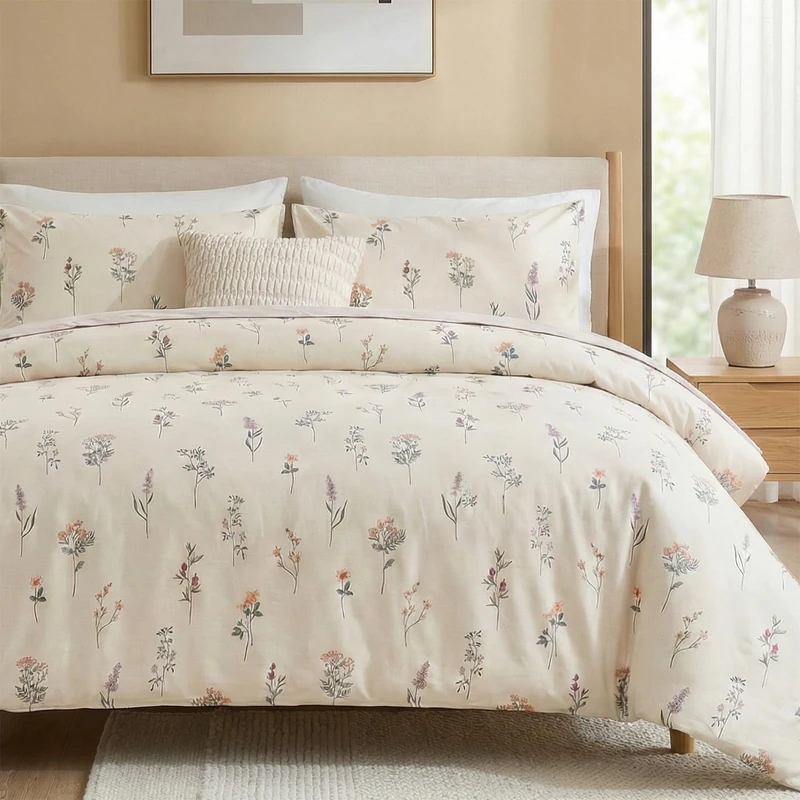 Cozaline Cream Duvet Cover Set Queen Size 100% Washed Cotton Linen Like Textured Comforter Cover 3 Pcs Luxury Soft and Breathable Floral Duvet Cover with Zipper Closure